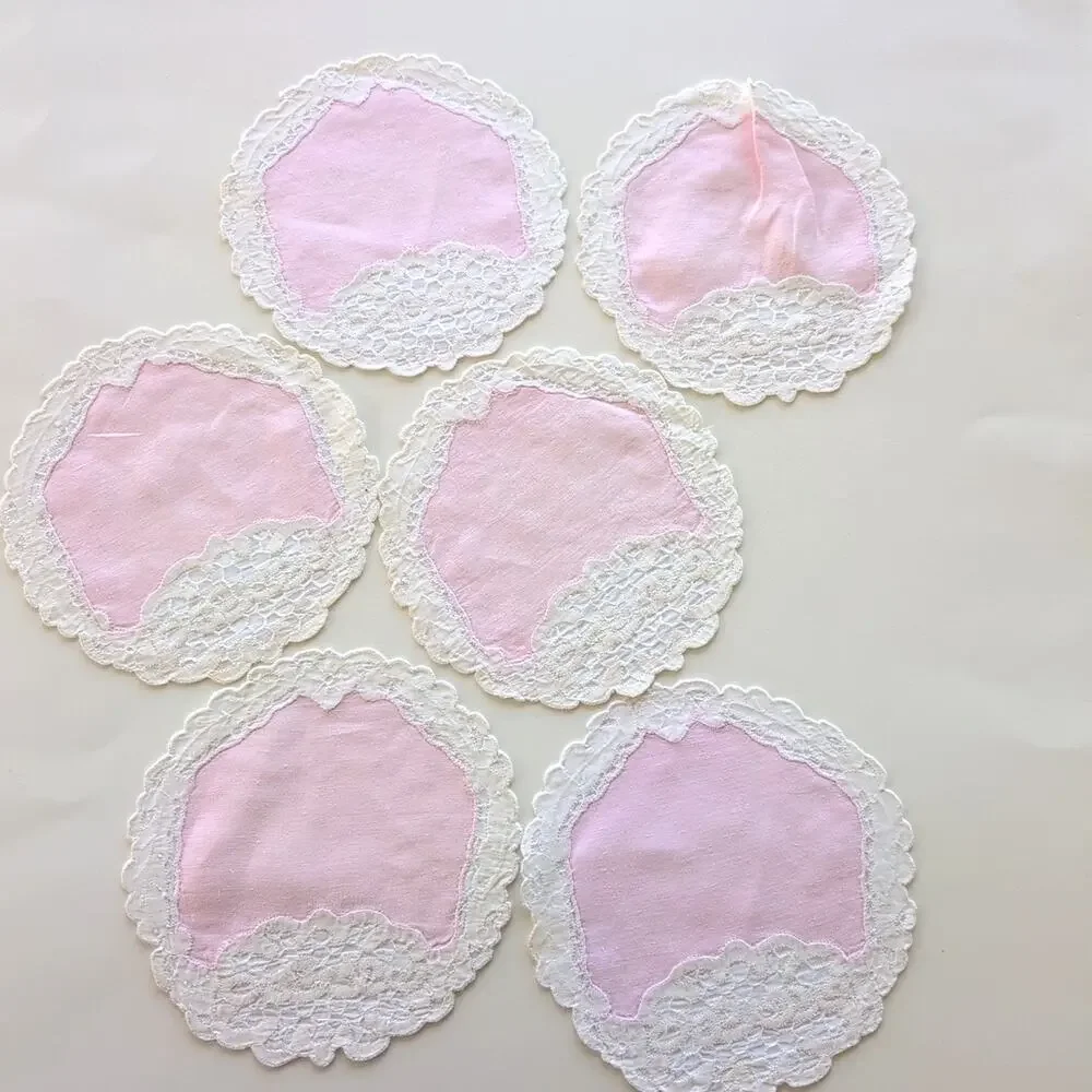 Vintage Pink & Ecru Hostess Set: Placemats, Napkins, Coasters, 6 sets, 18 pieces